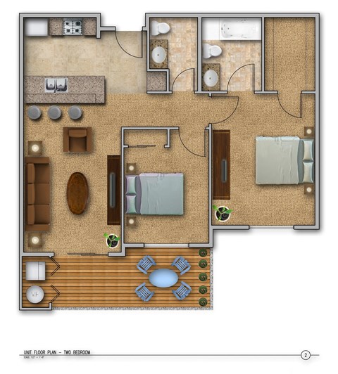 Floor plan for 2 beds, 2 baths, 809 sqft